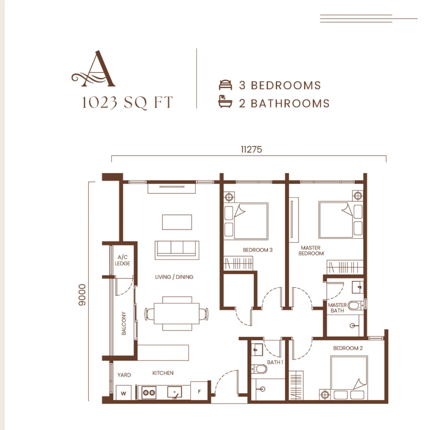 Type A 1,023 sq ft floor plan with 3 bedrooms, 2 bathrooms, yard and utility room