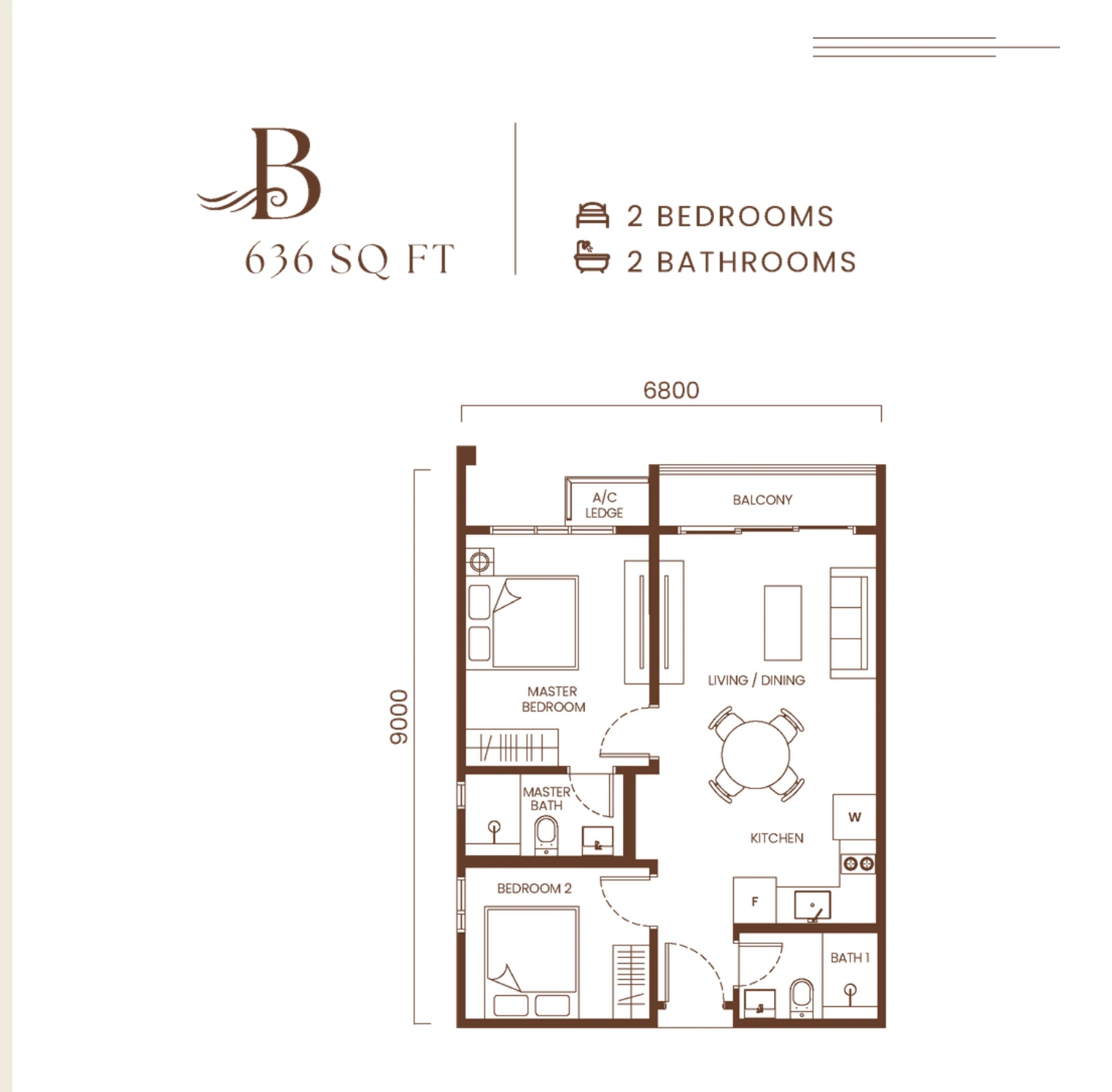 Type B 636 sq ft floor plan with 2 bedrooms and 2 bathrooms