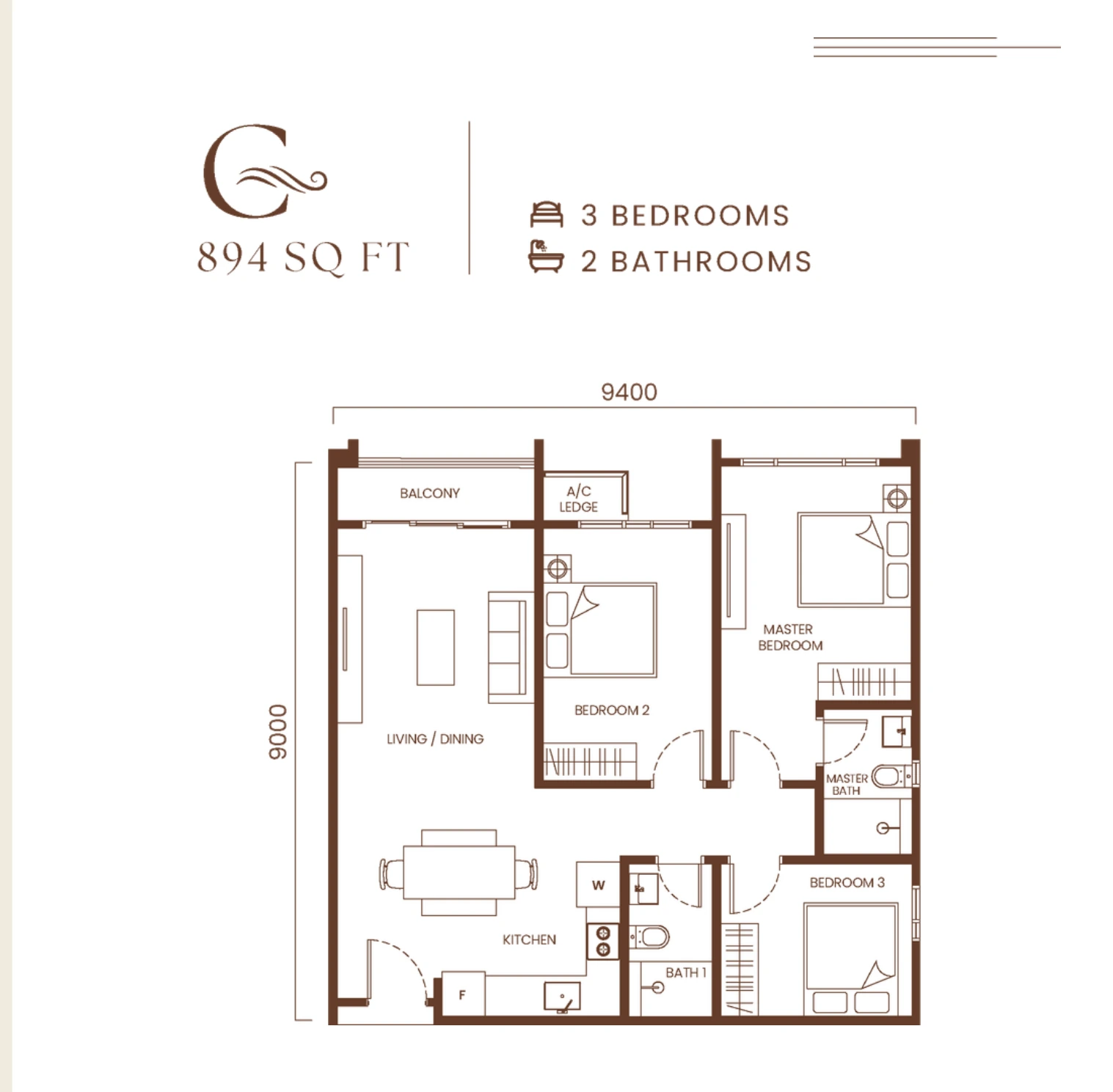 Type C 894 sq ft floor plan with 3 bedrooms and 2 bathrooms