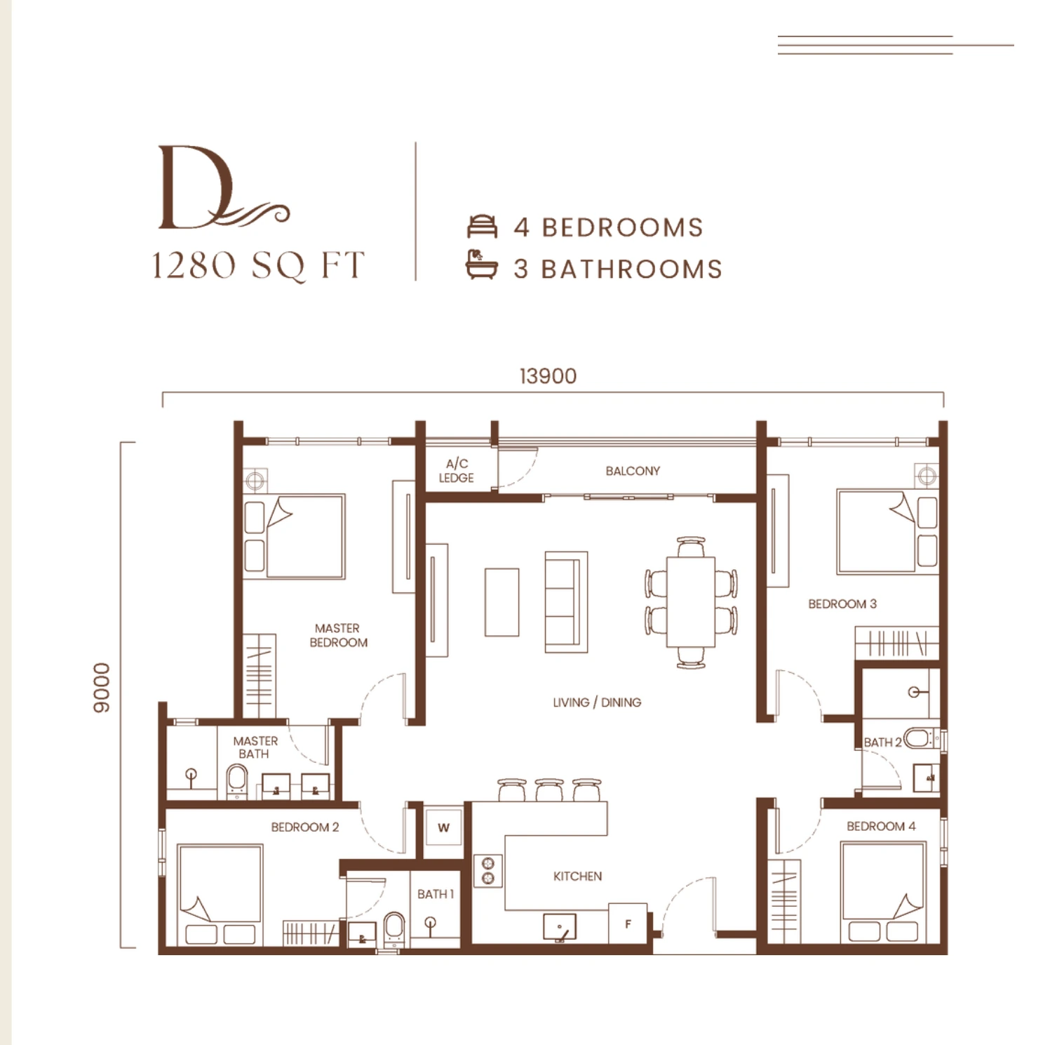 Type D 1,280 sq ft floor plan with 4 bedrooms and 3 bathrooms