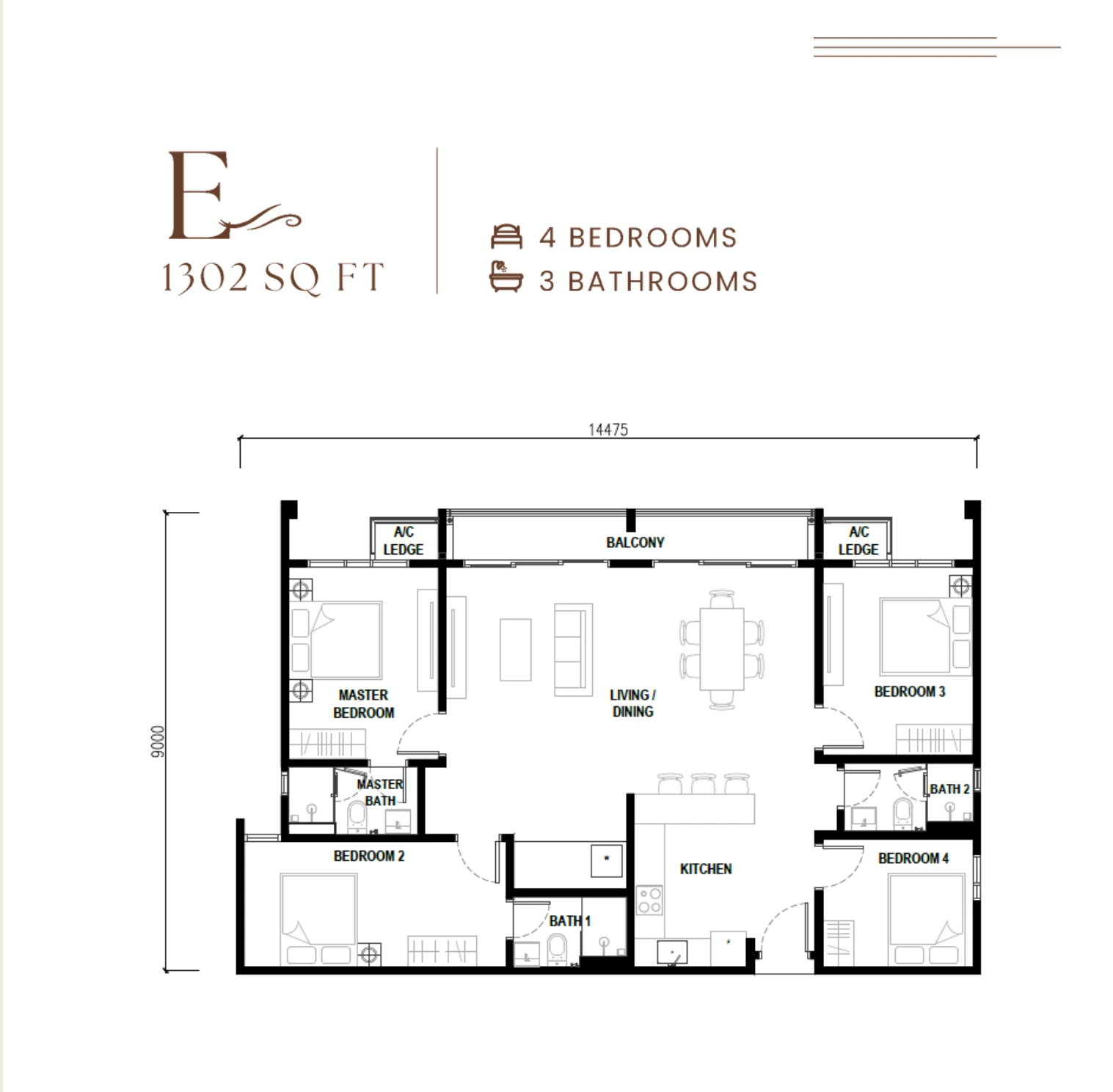 Type E 1,302 sq ft floor plan with 4 bedrooms and 3 bathrooms