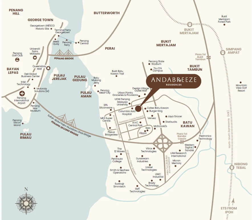 Location map showing AndaBreeze in Bandar Cassia near Batu Kawan amenities and transport links