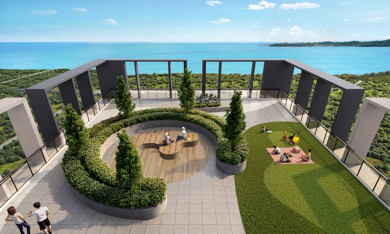 Artist's impression of a landscaped coastal garden overlooking the sea at AndaBreeze